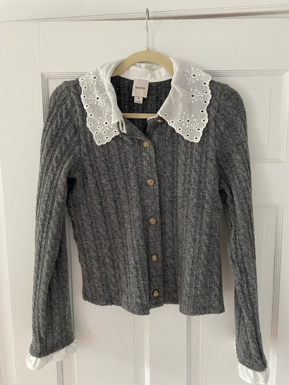 Maeve Gray Cable Knit Cardigan with White Eyelet Collar